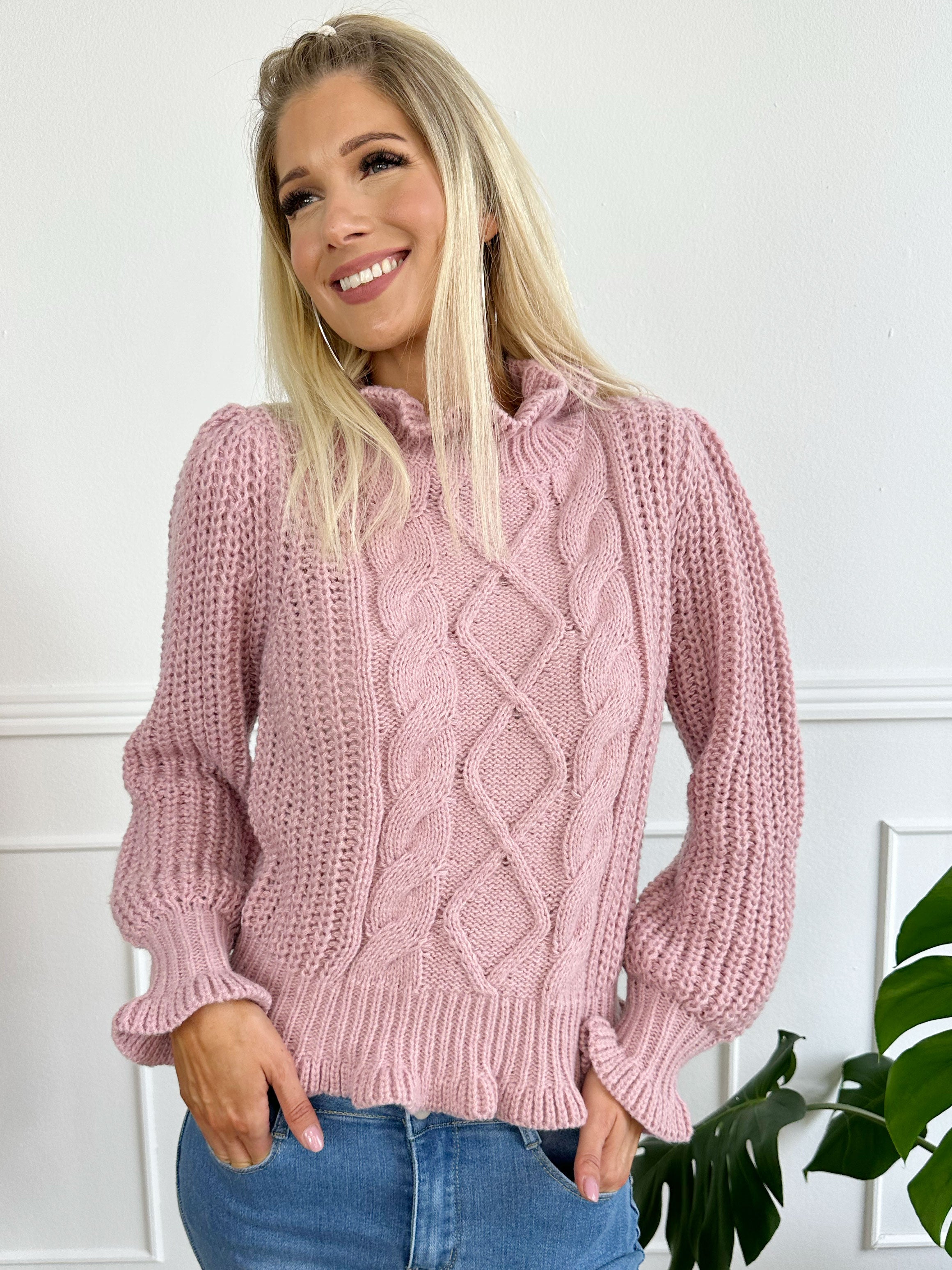 Hella - Tjock stickad tröja med söta ballongärmar